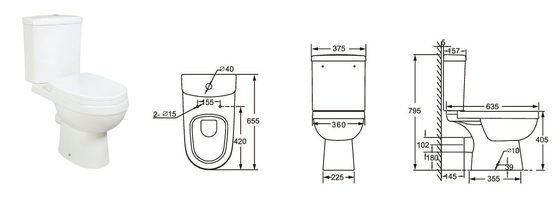 Uzatılmış Koltuk 655*375*795mm Banyo İçin İki Parça Tuvalet Wc